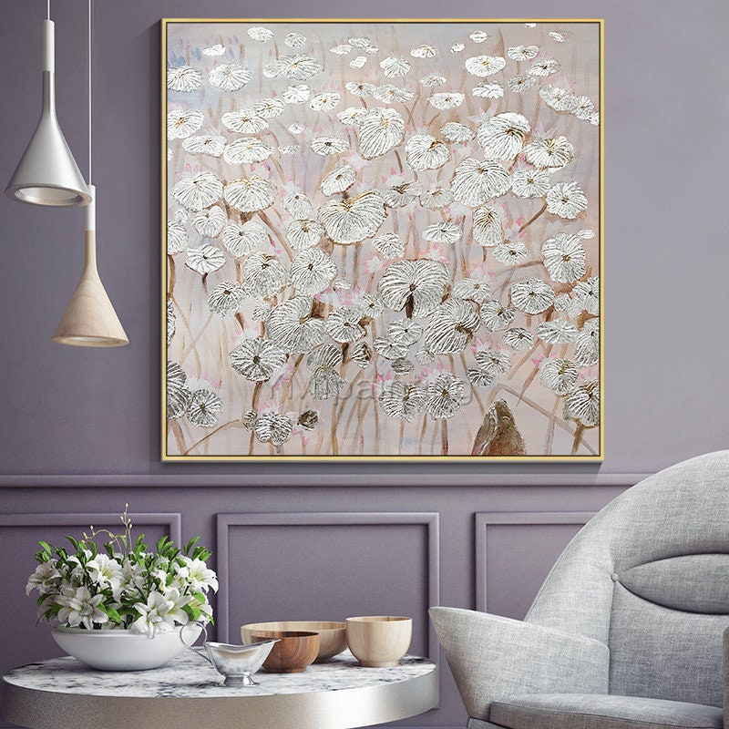 Abstract floral Silver leaf coral pink Acrylic Paintings On | Etsy