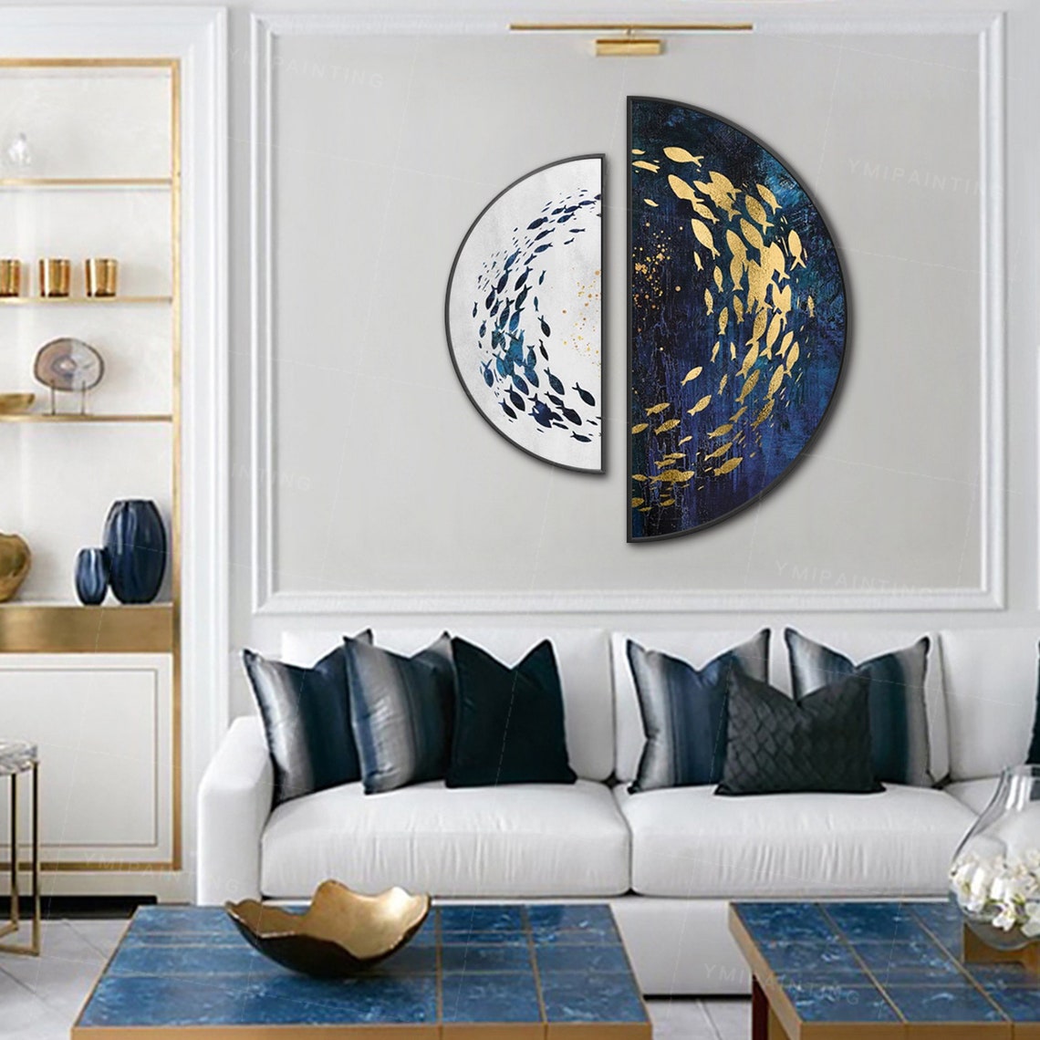 Framed wall art Gold art set of 2 wall art Sea Navy blue Etsy