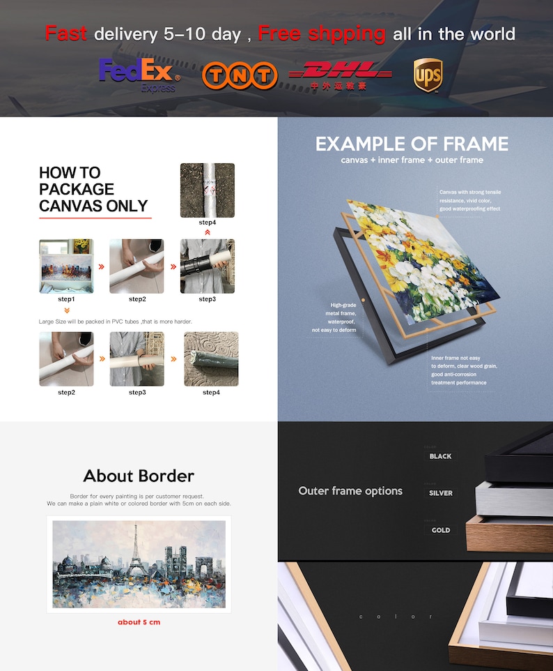 May include: A guide on how to package a canvas print for shipping. The image shows a step-by-step process of rolling up a canvas print and placing it in a tube. The image also shows different frame options for the canvas print, including black, silver, and gold.