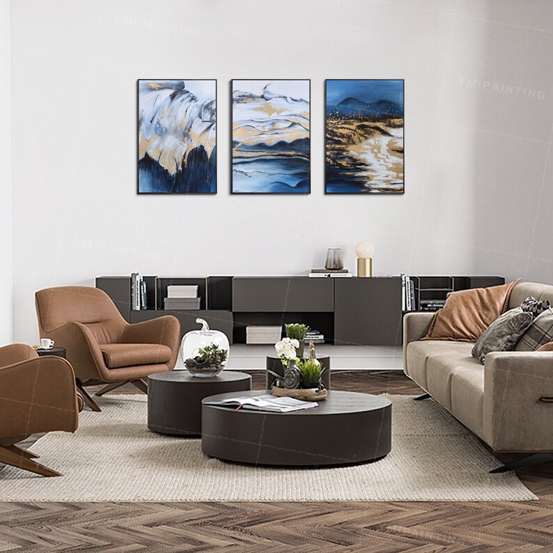 Navy Blue Wall Art 3 Piece Wall Art Abstract Mountain Set of 3 Etsy