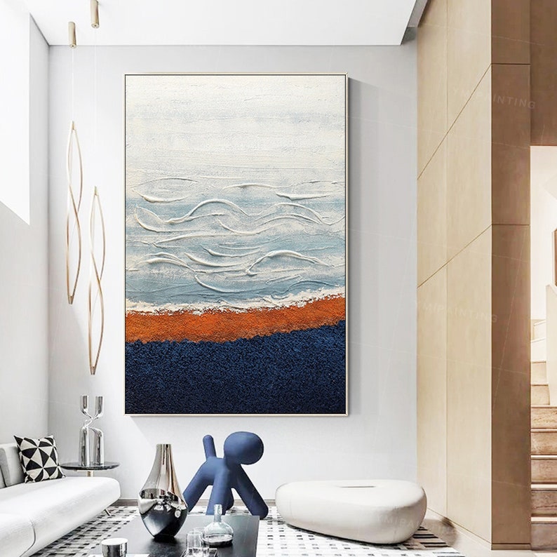 Seascape Art Minimalist art Abstract shops art navy blue orange Large Modern Art acrylic painting Framed Wall Art Paintings On Cavans Ymipainting