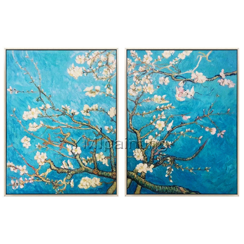 ゴッホ作「アーモンドの花」絵画：手描きキャンバスアート2枚セット