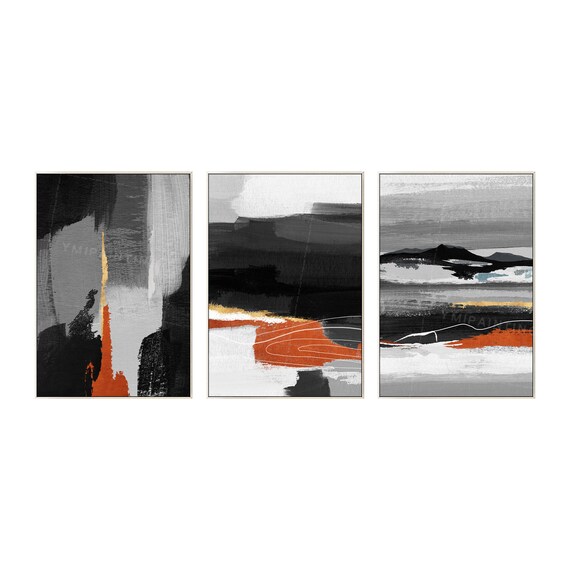 幾何学的なゴールドアート絵画：ブラック＆オレンジの抽象的な