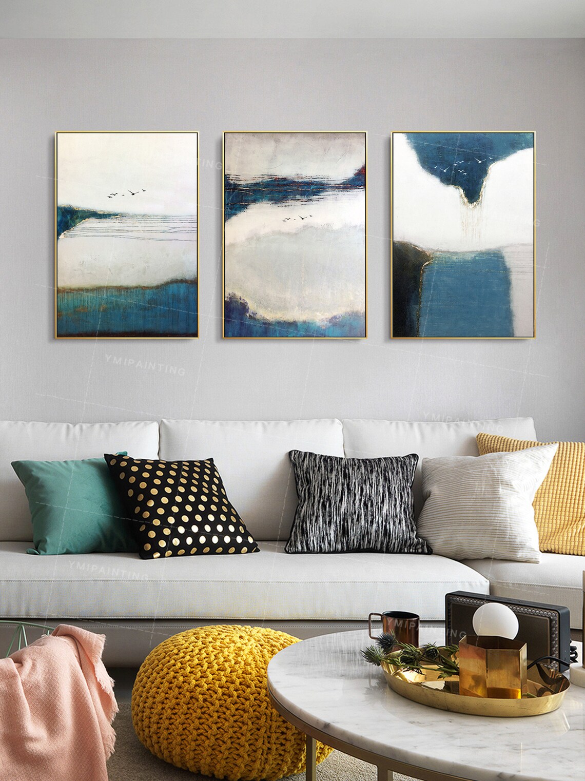 Framed painting gray blue art bird painting 3piece wall art Etsy