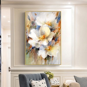 Pintura al óleo de flores blancas: Arte floral con espátula sobre lienzo. imagen 5