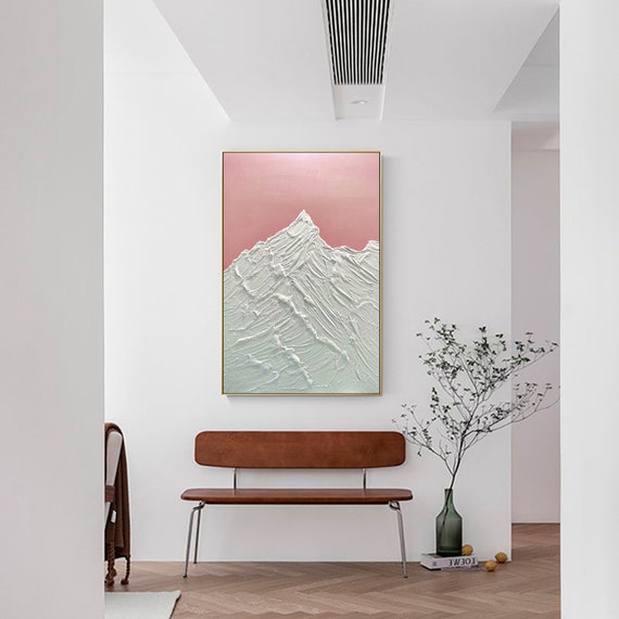 額入り抽象アクリル画：重厚な質感、青とピンクのキャンバスアート