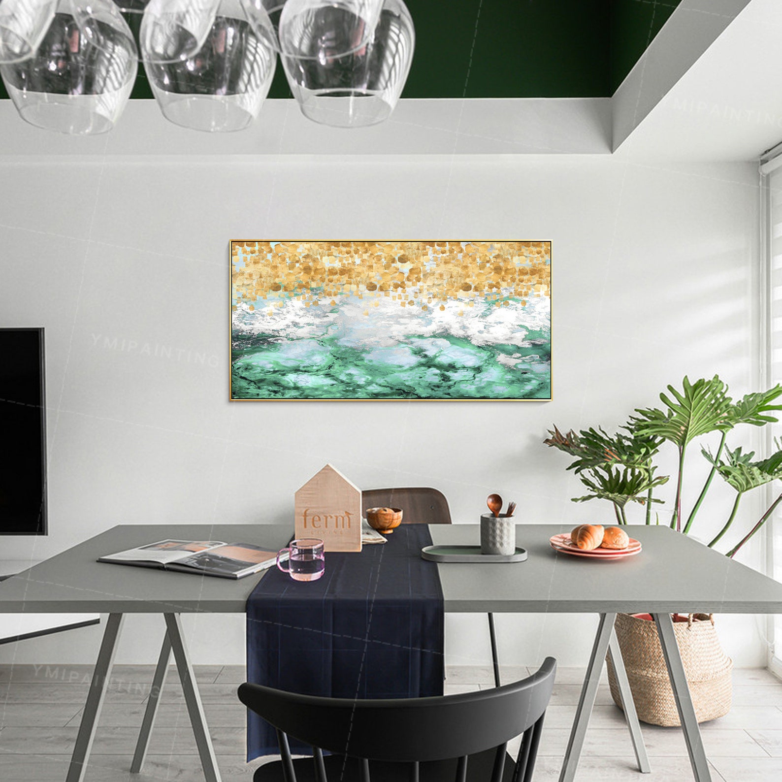 Emerald Green Framed Wall Art Gold Art Acrylic Abstract Flower Etsy