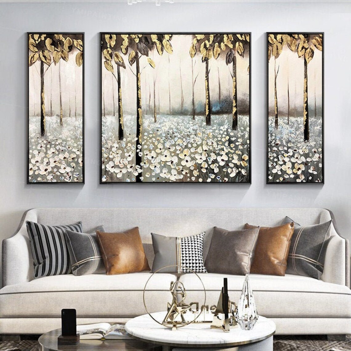 Gold art tree Original Abstract floral set of 3 wall art Etsy