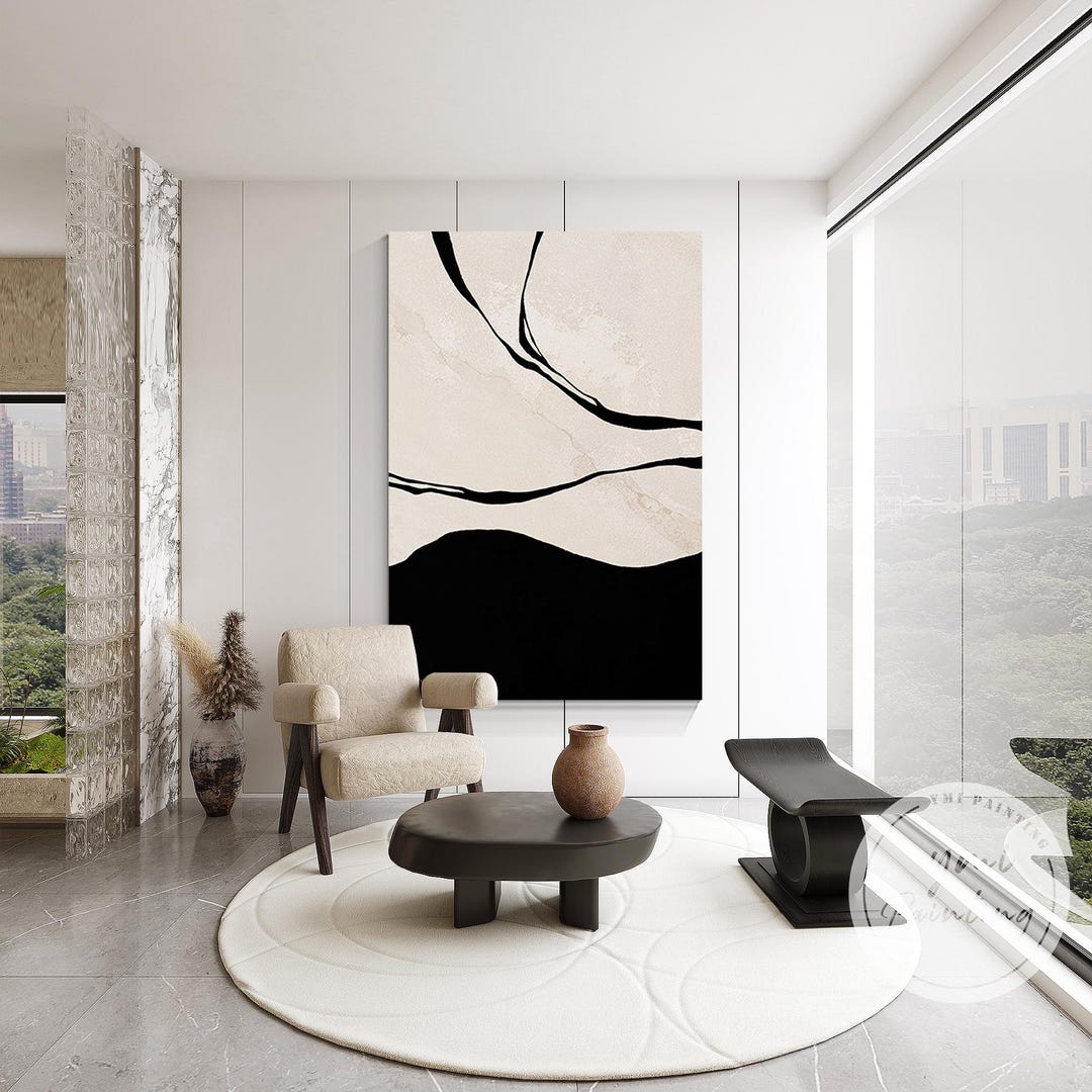 Minimalist Abstract Painting: Black Beige Modern Wall Art - Etsy