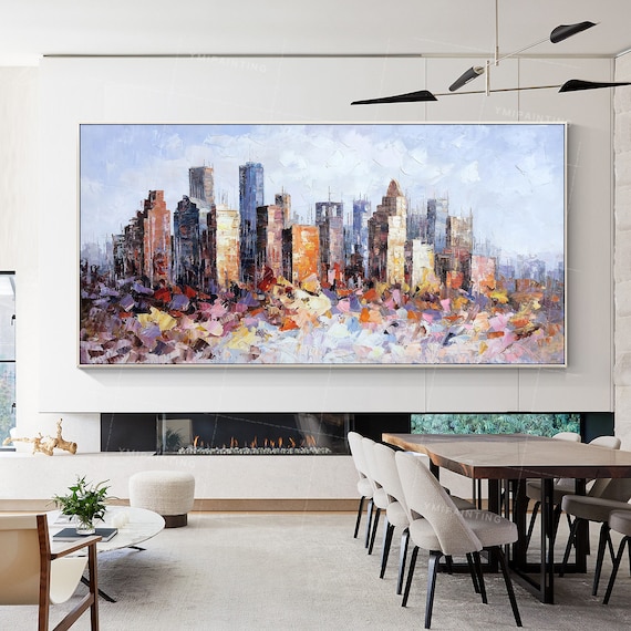 Houston Cityscape Oil Painting: Abstract Palette Knife Texture, Framed Wall Art,Dining Room Wall Art,Living Room Decor,Housewarming Gifts