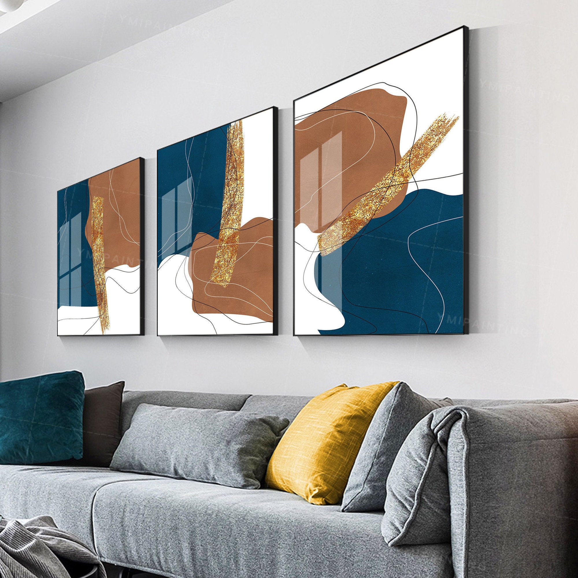 Framed painting set of 3 wall art abstract brown blue Large Etsy