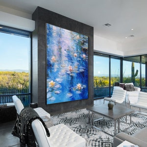 Large monet style painting,impressionist art,water lily painting,framed wall art,floating art,large lotus oil painting,pond decor,Ymipaint