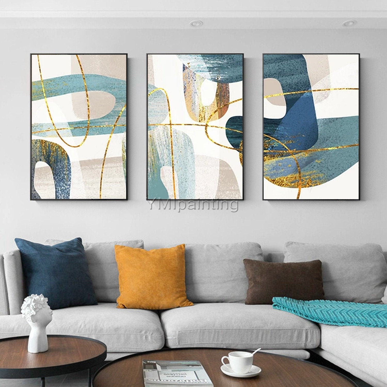Set of 3 Wall Art Gold Line Art Abstract Acrylic Geometry Paintings on  Canvas Original Large Framed Set 3 Pieces Wall Art Cuadros Abstractos 