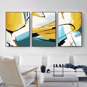Framed wall art set of 3 wall art Gold leaf Yellow black painting on canvas original 3 pieces Wall Art extra large living room wall decor