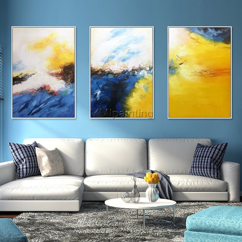3 piece Wall Art Framed painting mustard navy blue