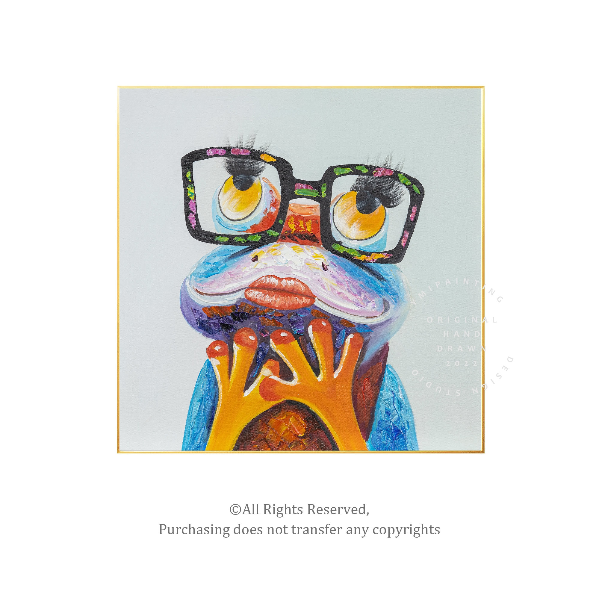 手描き油絵 glasses frog 絵画 インテリア 油彩画 Frog With Glasses Palette Art,frog Painting,original Large