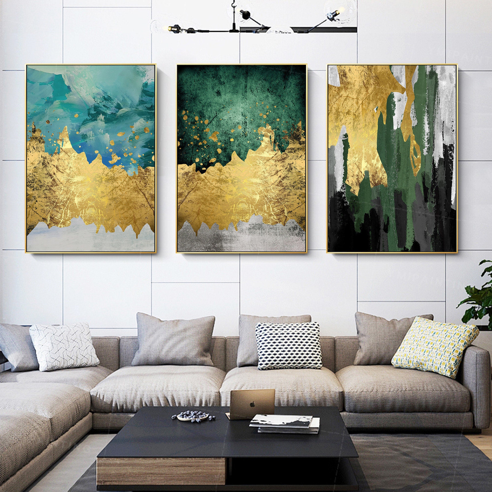 3-teiliges Wandbild abstrakte Leinwand Gerahmt Gemälde Set von 3 Wandkunst  Gold Kunst Acryl grau smaragdgrün schwarz Malerei auf Leinwand original  Kunst