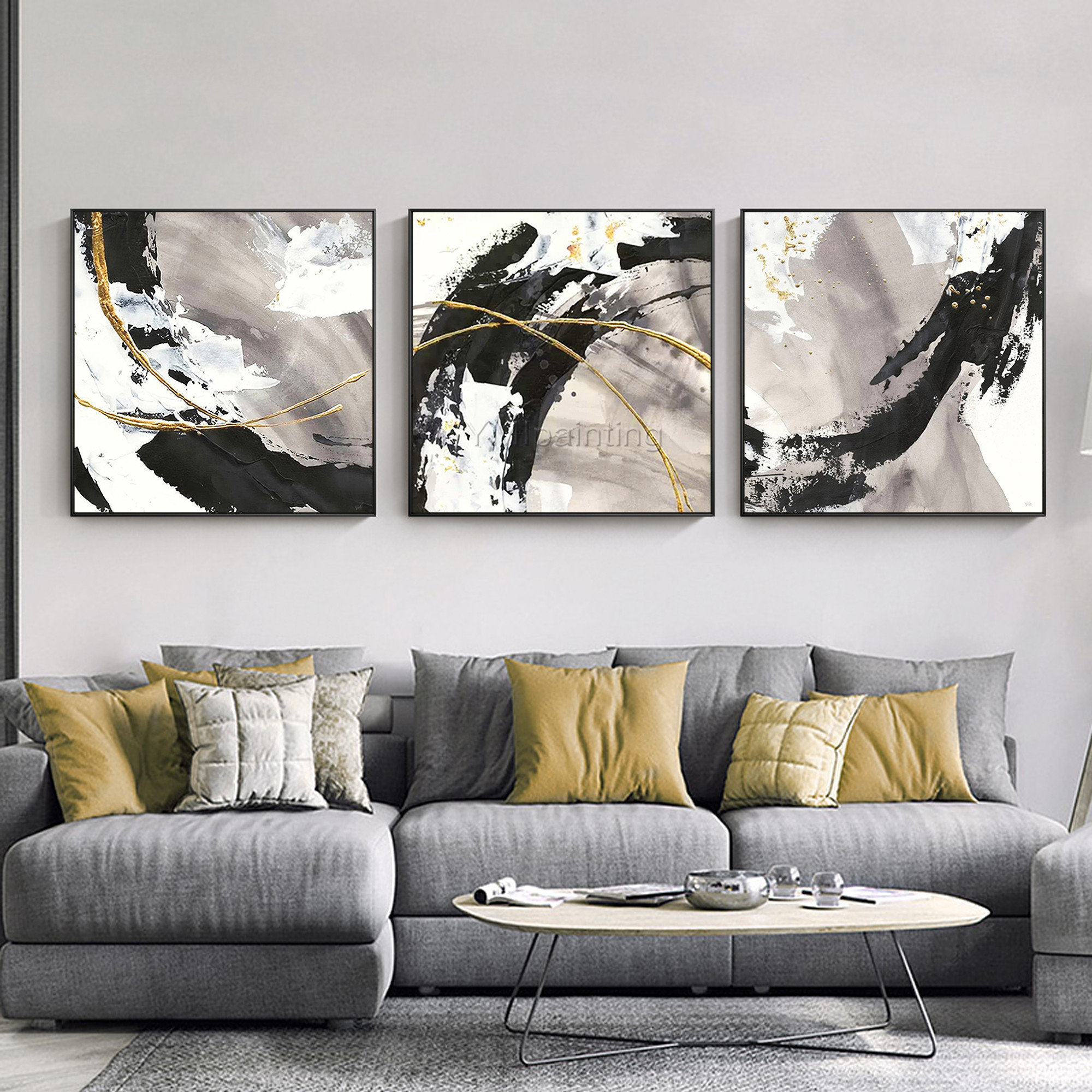 3 pieces Gold Art Abstract paintings on canvas Set of 3 wall Etsy