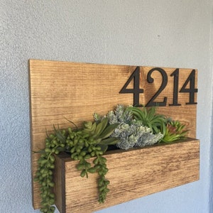 Wooden House Number Sign with Hanging Planter - Outdoor Decor and Housewarming Gift - Custom Wood Address Numbers for Stylish Porch Décor