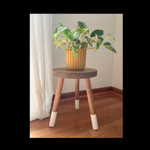 Introducing our modern wood plant stand, a versatile three-leg stool that functions as an indoor plant riser. It's the ideal addition to your home decor, serving as both a stylish accent stool and plant stand.