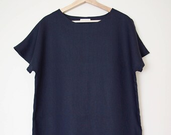 Women's shift dress in navy blue linen, size S