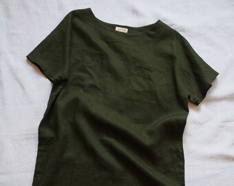 Women's shift dress in dark green linen, size S