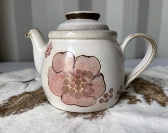 Vintage 1970s Denby Gypsy Rose Stoneware Large 2 Pint Teapot Cream/White & Pink Unused