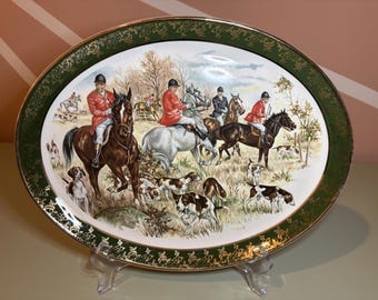 Assiette ovale vintage J H Weatherby Royal Falcon Ware Riders & Hounds vert