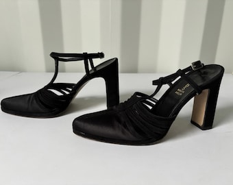 Zapatos de tacón destalonados de satén/piel negro de HOBBS, modelo Marilyn Anselm, talla EU 37.5 UK 4.5 (Artículo raro)