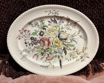 Bandeja ovalada grande de cerámica Johnson Bros Windsor Ware Garden Bouquet, estilo vintage.