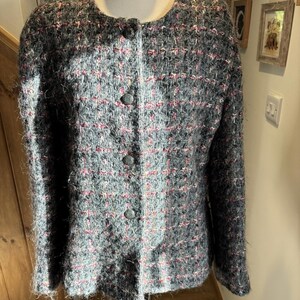 Vintage Alexon Grey/Pink Tweed Style Wool Blend Collarless Button Up Jacket UK18
