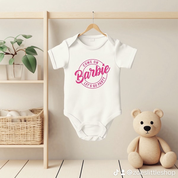 Baby onesie Mattel-Barbie bodysuit-Come on Barbie, Let's Go Party' Personalized Baby Onesie-custom