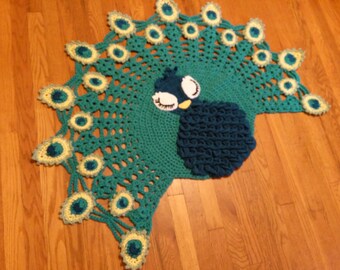 Peacock Rug Decor Nursery Gift Crochet ready to ship