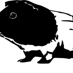 Puede incluir: Silueta en blanco y negro de un conejillo de indias. El conejillo de indias está mirando hacia la izquierda y tiene una mancha blanca en la espalda.