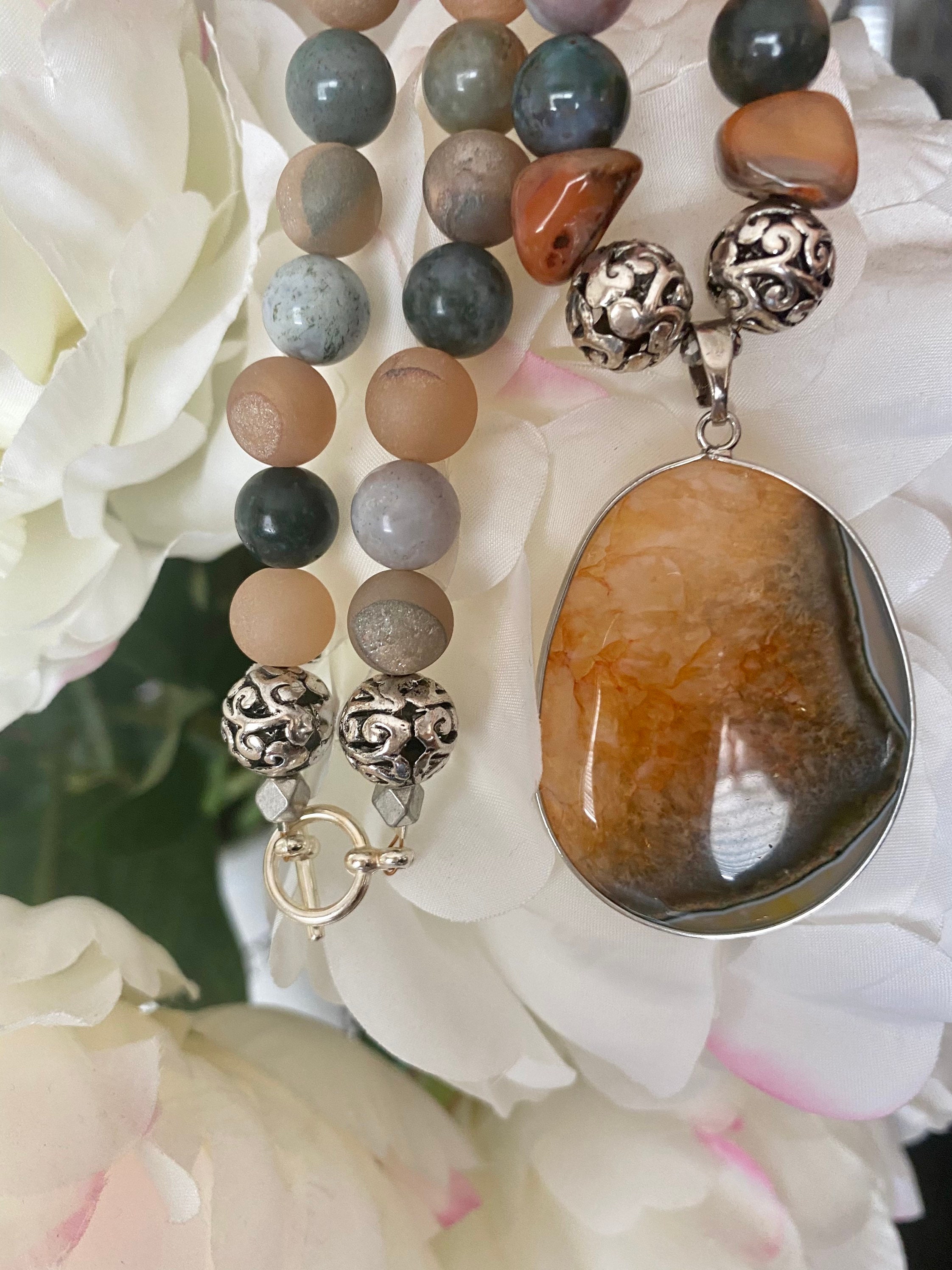 Pendentif En Argent 925 Fait Main - Quartz Druzy Agate Grappe Multicolore, Longueur 2,75 Pouces