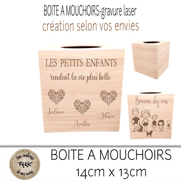 Boîte à mouchoirs, bois, gravure laser, personnalisée