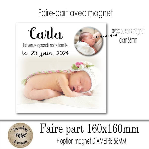 Faire-part naissance, faire-part baptême, faire part papier, magnet,