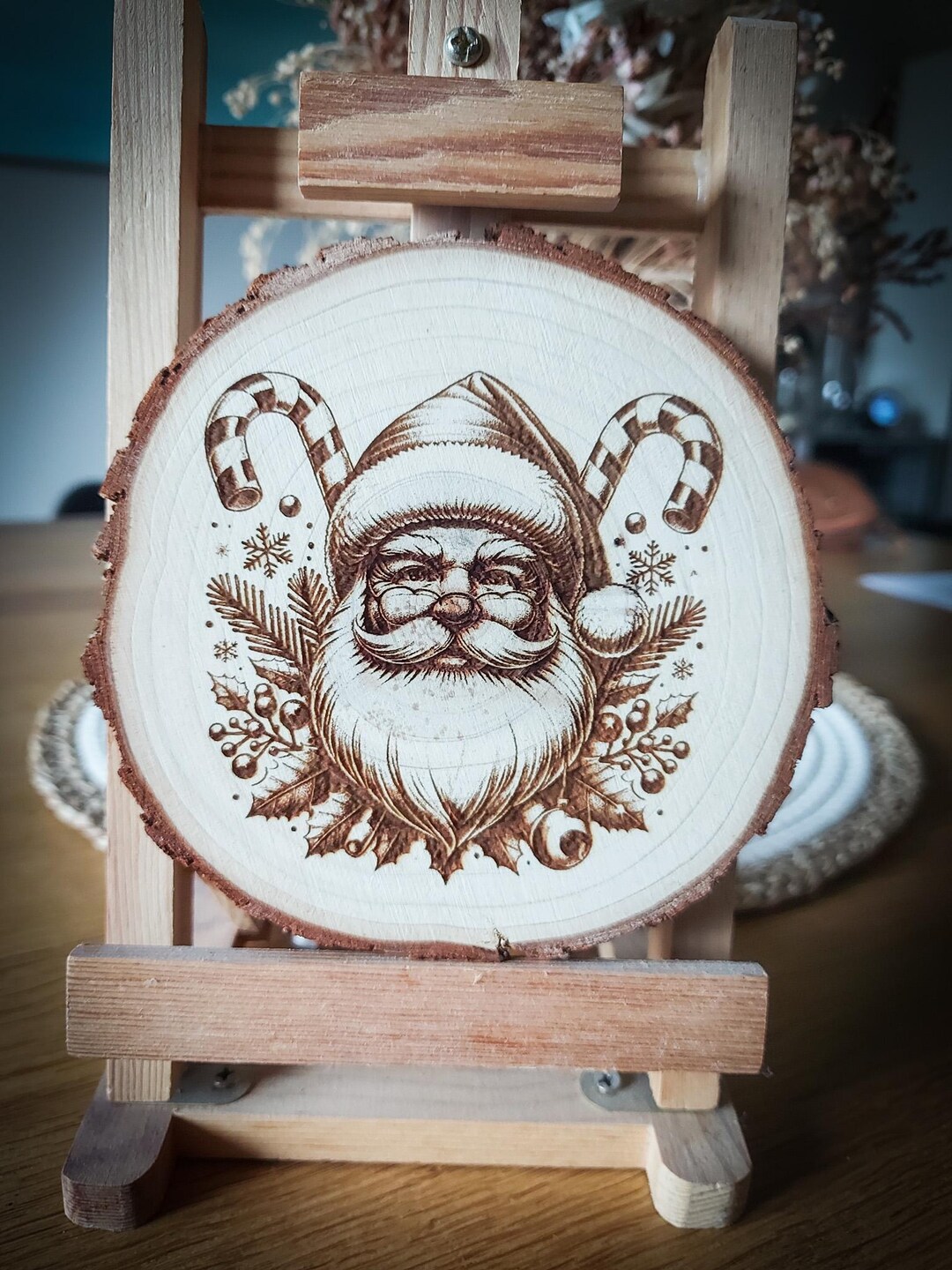 Wooden Christmas Decoration, Decorated Wooden Disc, Santa Claus - Etsy