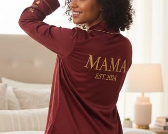 Personalized Mama Satin Pajamas with Kid Names on Sleeve, Mothers Day Gift, Birthday Gift for Mom, New Mom Gift, Christmas Gift for Mom