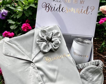 Personalized Bridesmaid Proposal Gift Box: Satin Pajamas, Tumbler & Sleep Mask