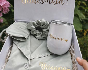 Personalized Bridesmaid Proposal Box: Satin Pajamas & Tumbler Gift Set