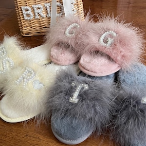 Personalized Feather Slippers: Bridal Shower Fluffy Slippers Set