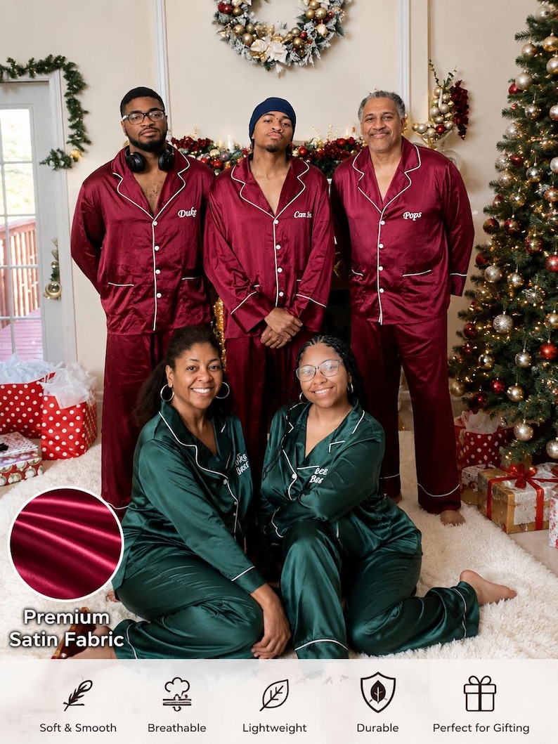 Matching Family Christmas Pajamas – Custom Name Satin PJs | Personalized Holiday Sleepwear for Mom, Dad & Kids | Xmas Gift Set Bild 3