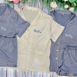 Dusty Blue Bridesmaid PJs: Personalized Satin Pajamas, Bachelorette Gifts