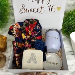 Sweet 16 Gift Box: Floral Robe, Jewelry Dish & Tumbler - Personalized Birthday Gift