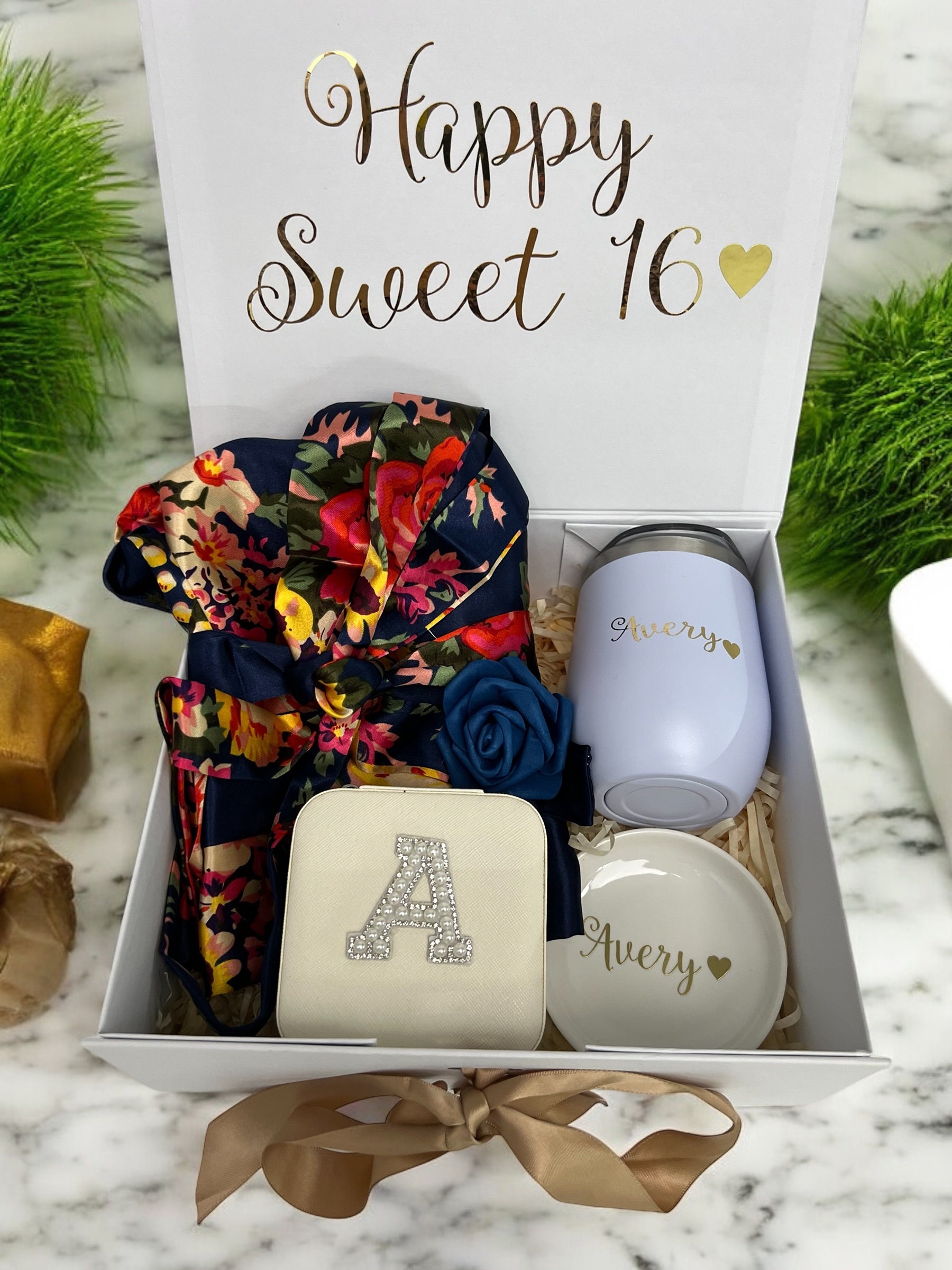 Sweet 16 Gift Box: Floral Robe, Jewelry Dish & Tumbler - Personalized Birthday Gift