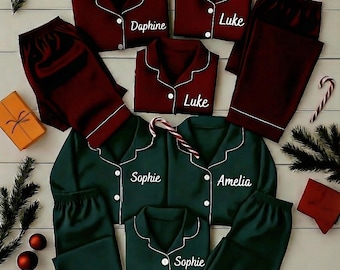 Matching Family Christmas Pajamas – Custom Name Satin PJs | Personalized Holiday Sleepwear for Mom, Dad & Kids | Xmas Gift Set