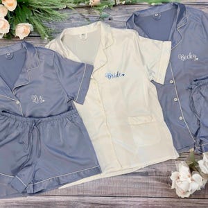 Dusty Blue Satin Pajamas for Wedding, Monogram Pjs, Bridesmaid Shorts Sets,  Bridal Pajamas Set, Bridesmaid Gifts, Getting Ready Pajamas Set