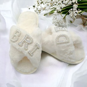 Faux Fur Bride Slippers| I Do Slippeers|Customized Slippers|Peal Rhinestone Slippers