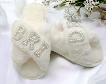 Faux Fur Bride Slippers| I Do Slippeers|Customized Slippers|Peal Rhinestone Slippers